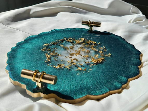 Small Elegant Decorative Resin Tray With Gold Clear Handles