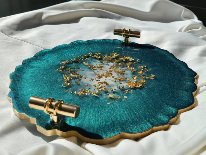 Small Elegant Decorative Resin Tray with Gold Clear Handles, Perfume Tray, Geode Resin Tray Emerald Green