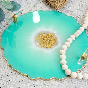 Small Elegant Decorative Resin Tray with Gold Clear Handles, Perfume Tray, Geode Resin Tray image 9