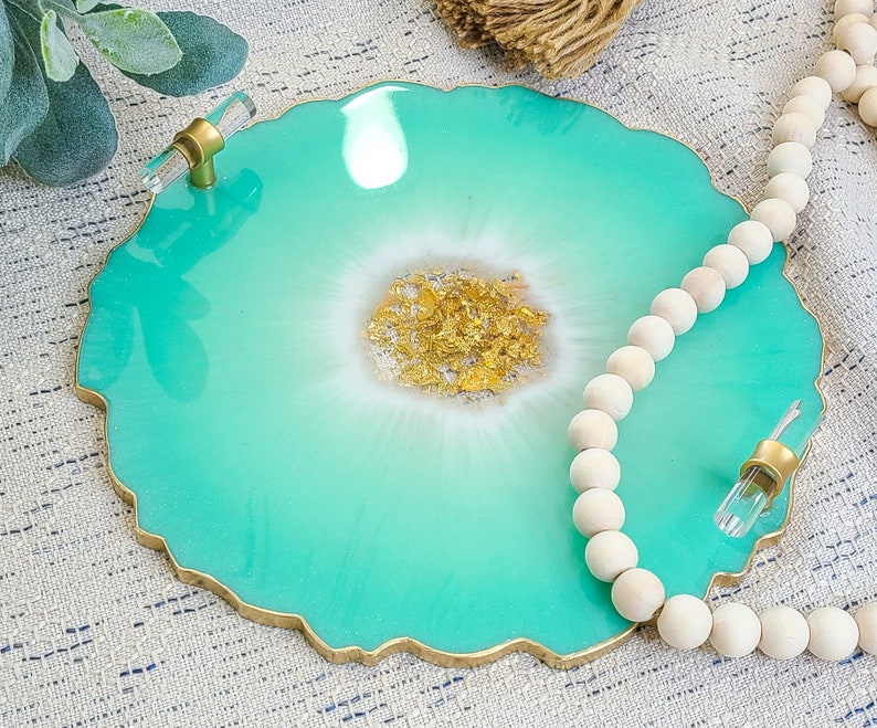 Small Elegant Decorative Resin Tray with Gold Clear Handles, Perfume Tray, Geode Resin Tray image 9