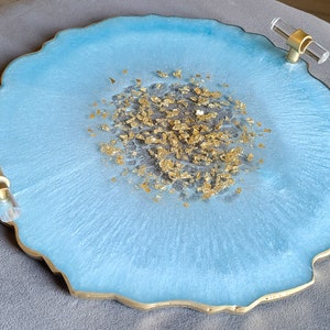 Small Elegant Decorative Resin Tray with Gold Clear Handles, Perfume Tray, Geode Resin Tray Baby Blue