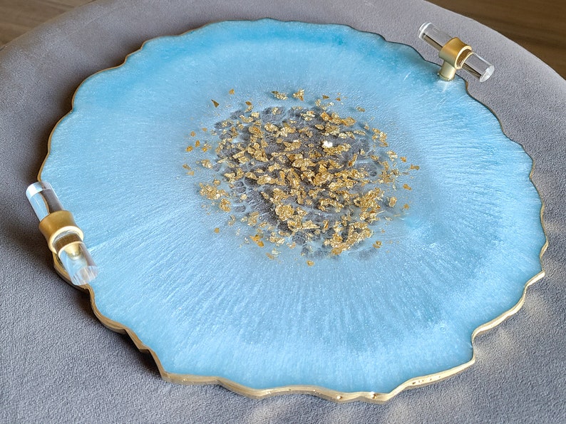 Small Elegant Decorative Resin Tray with Gold Clear Handles, Perfume Tray, Geode Resin Tray Baby Blue