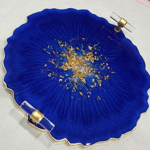 Small Elegant Decorative Resin Tray with Gold Clear Handles, Perfume Tray, Geode Resin Tray Sapphire Blue