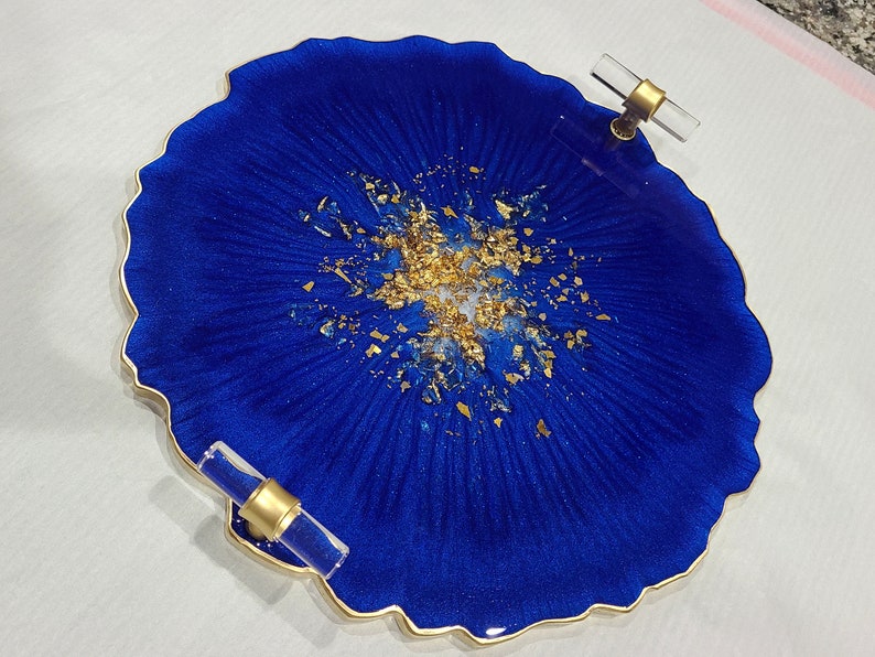 Small Elegant Decorative Resin Tray with Gold Clear Handles, Perfume Tray, Geode Resin Tray Sapphire Blue