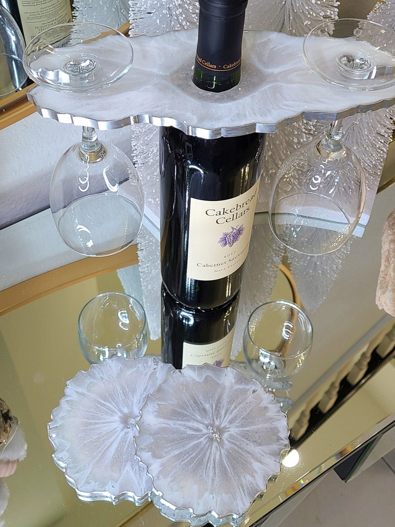 Wine Glass Caddy with 2 Coasters Resin Butler Coaster Set image 8