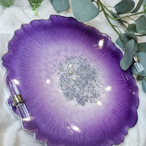 Small Elegant Decorative Resin Tray with Gold Clear Handles, Perfume Tray, Geode Resin Tray Amethyst Purple