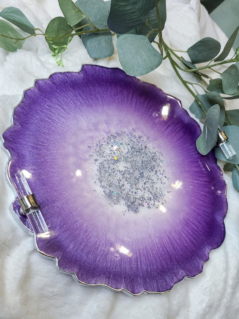 Small Elegant Decorative Resin Tray with Gold Clear Handles, Perfume Tray, Geode Resin Tray Amethyst Purple