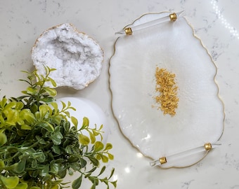 Elegant Decorative Tray with Crystal Clear and Gold Handles, Perfume Tray, Geode Resin Tray, Glam