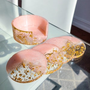 Coaster Set with Holder, Resin Coasters, Drink Coasters, Gold