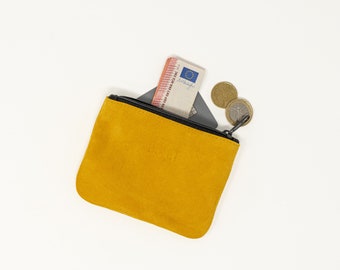 Kleines gelbes Portemonnaie aus Velours-Leder, Münzportemonnaie, Geldbeutel, Etui