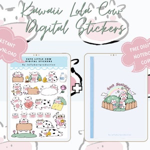 Kawaii Lola The Cow Digital Stickers | Goodnotes Digital Stickers | PNG Stickers | FREE Digital Notebook Cover | Jellybartproduction