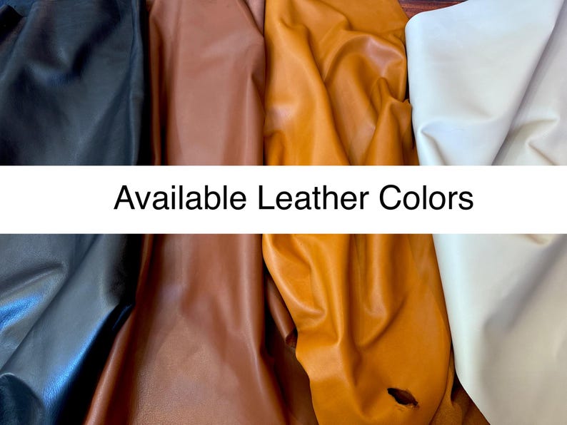 May include: A selection of leather in various colors, including black, brown, and tan. The image displays the available leather colors, with the text "Available Leather Colors" in a white banner across the center.