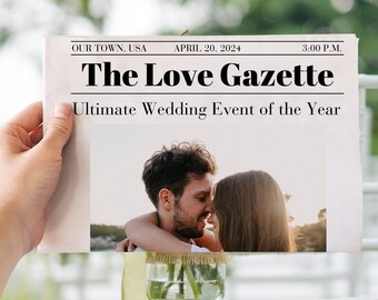 Hochzeitszeitung Canva, gefaltete Zeitungsprogramm-Vorlage, Infografik-Foto-Einladung DIY druckbar, sofort digital, Hochzeitsplan