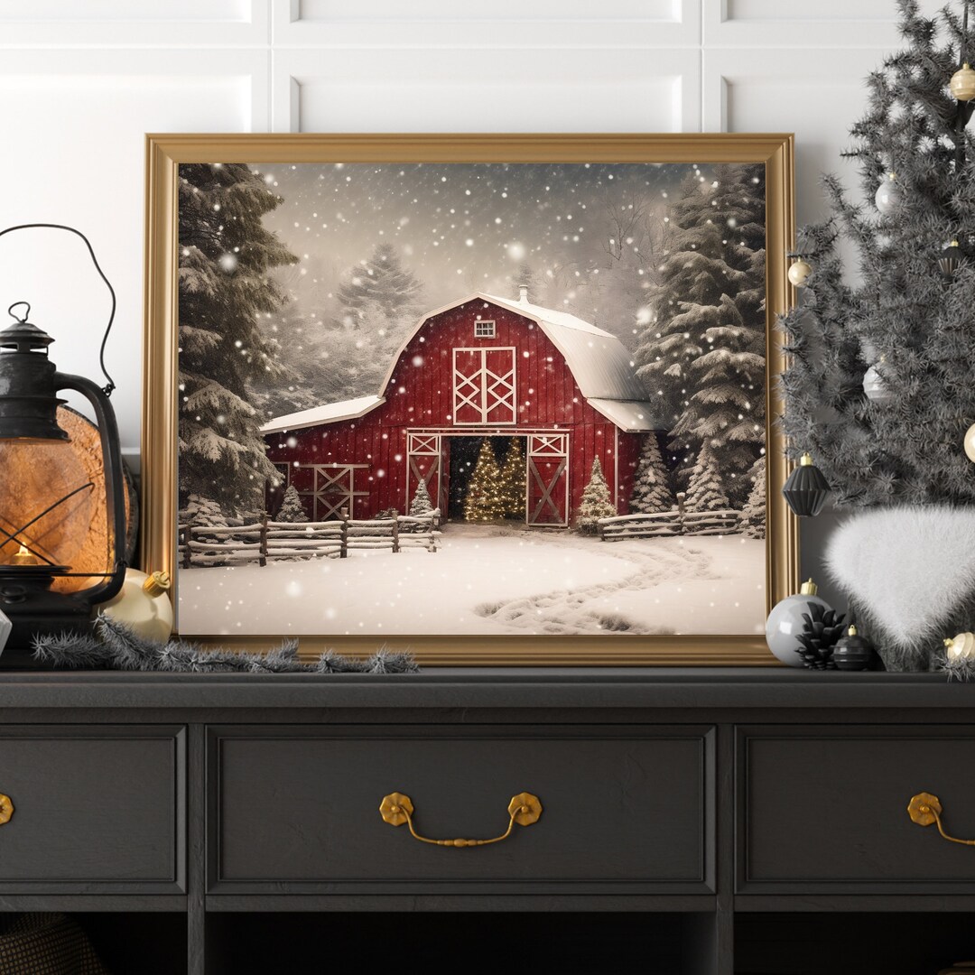 Country Christmas Barn Decor, Printable Digital Winter Wall Art, Snowy ...