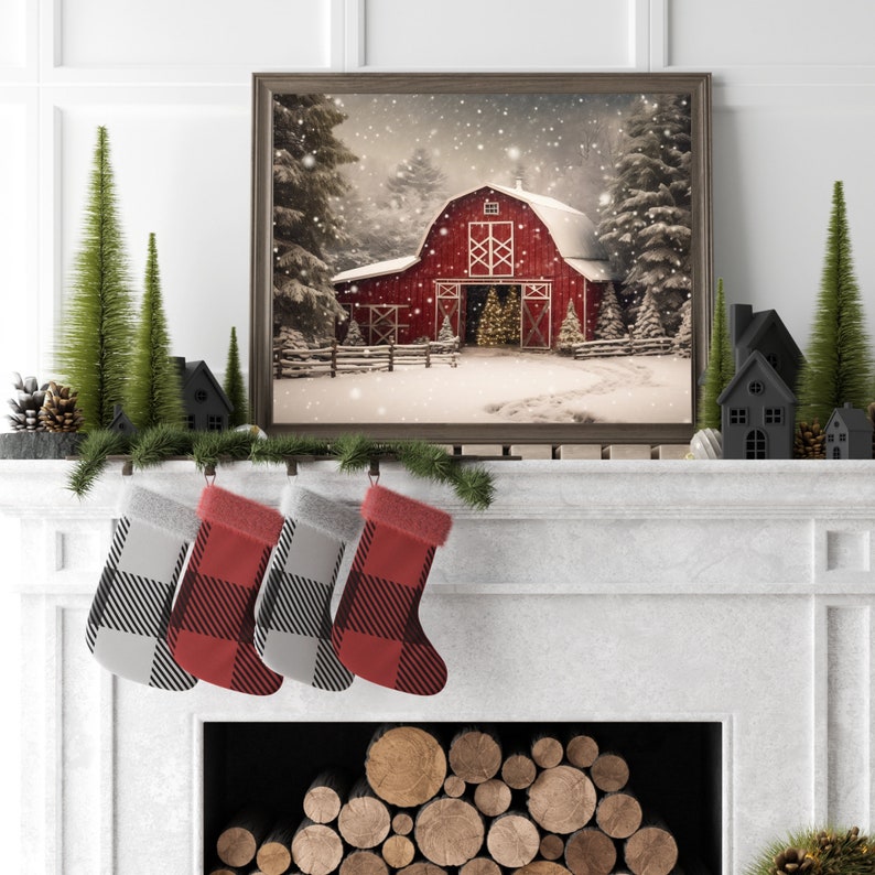 Country Christmas Barn Decor, Printable Digital Winter Wall Art, Snowy ...