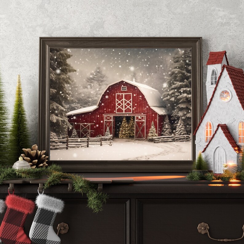 Country Christmas Barn Decor, Printable Digital Winter Wall Art, Snowy ...