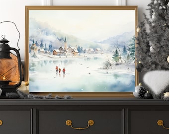 Winter Druck | Winter Eislaufen Motiv | DRUCKBARE Wandkunst | Aquarell-Stil | Urlaub Dekoration | Schneebedecktes Dorf Kunstwerk Digitaldruck
