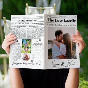 Modèle de journal de programme de mariage, programme de journal de mariage modifiable, infographie de mariage imprimable, modèle canva plié le jour du mariage