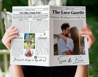 Newspaper Wedding Program Template, Editable Wedding Newspaper Program, Printable Wedding Infographic, Folded Wedding Day Canva Template