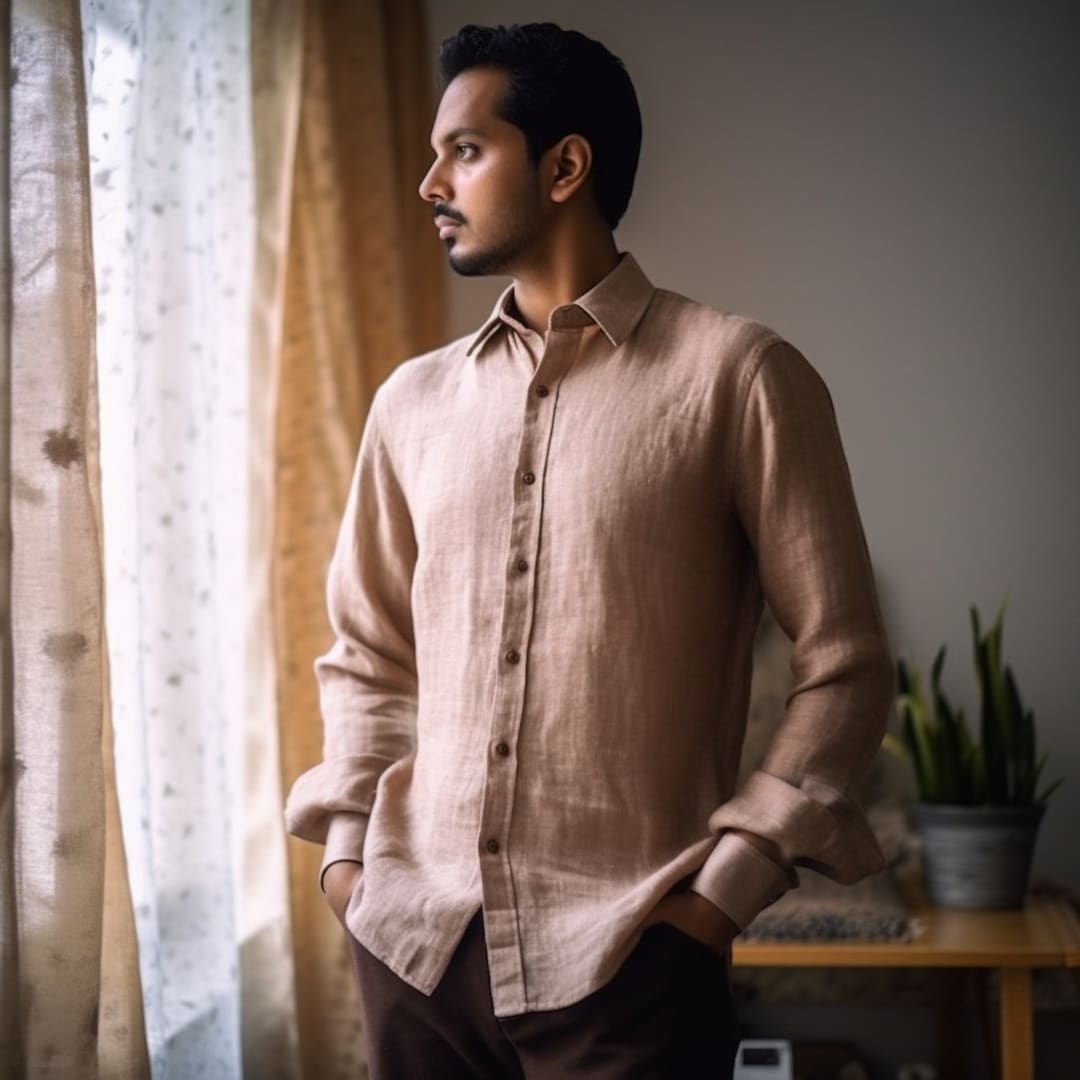 Tan Linen Shirt RINO Handmade Mens Shirt, 100 European Linen