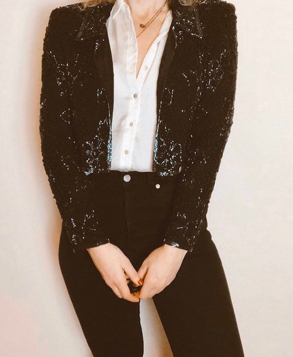Vintage 1980s black sequins and beaded cropped ja