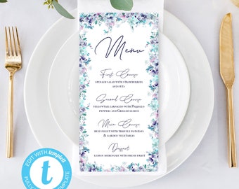 Watercolor Floral Menu | Spring Themed Pastel 4x8 Template | PDF | Download | Editable w Templett | FWSPR