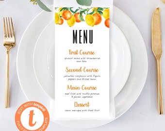 Lemon and Orange Menu | Citrus themed downloadable Menu | 4x8 Inch | Combine with our Matching Invitation | Editable w Templett | FWCIT