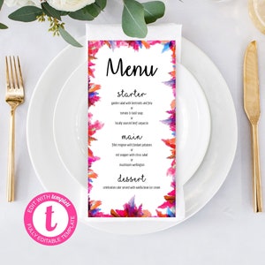 Colorful Fairytale Printable Menu Template | Bright Watercolor Feathers | 4x8 inch | Download | PDF | Editable w Templett | FWFTH