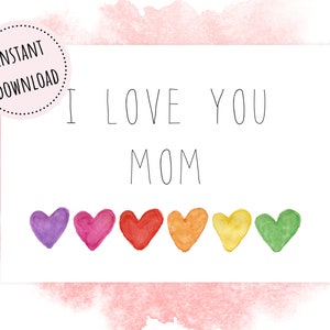 cartão pintado à mão do dia das mães da aguarela | Eu te amo, mãe Download instantâneo | Pdf + Png + Jpg | Cartão feliz imprimível do dia das mães | FWMOM