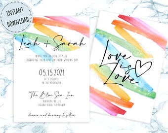 Love is Love Rainbow Wedding Invitation | Watercolor Paint Stroke 5x7 Invite | Same Sex Wedding | Instant Download and Editable | FWLOV