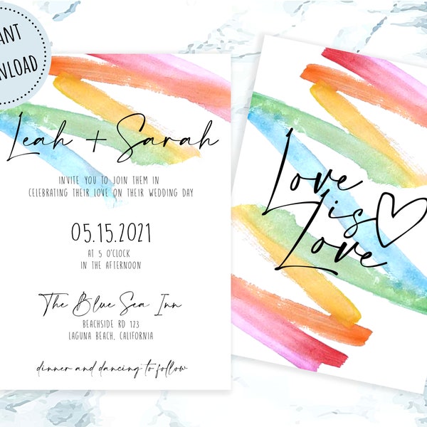 Love is Love Rainbow Wedding Invitation | Watercolor Paint Stroke 5x7 Invite | Same Sex Wedding | Instant Download and Editable | FWLOV