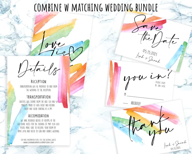 Love is Love Rainbow Wedding Invitation Watercolor Paint Stroke 5x7 Invite Same Sex Wedding Instant Download and Editable FWLOV image 3