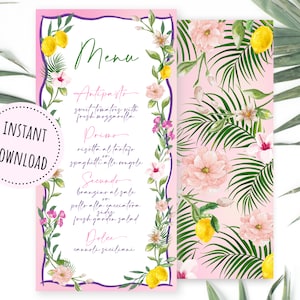 Menú Floral Tropical 4x8 / Menú Floral Italiano / Menú Flor Rosa / Boda de Cumpleaños de Soltera / Descarga Instantánea y Editable / FWFL