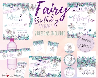 Fairy Birthday Package Templates | Pastel Instant Download Matching Designs | Bottle Label | Cupcake Toppers | Food Tents | FWFR