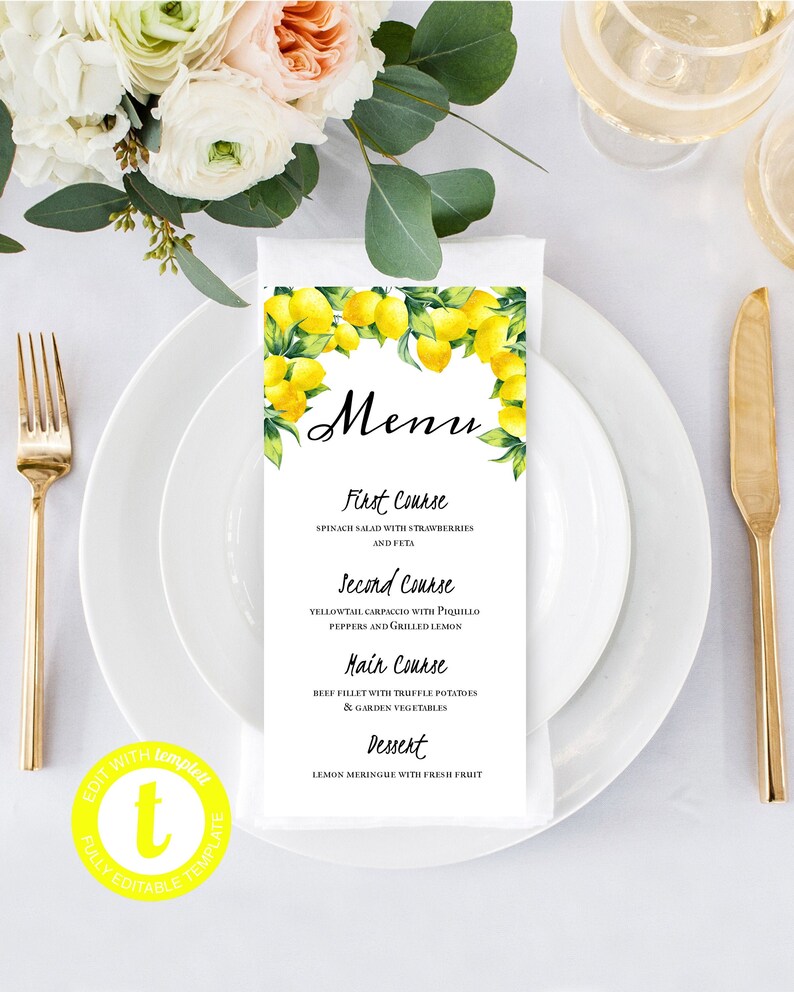 Half a Lemon Menu Lemon Themed Template 4x8 Inch Printable and Editable