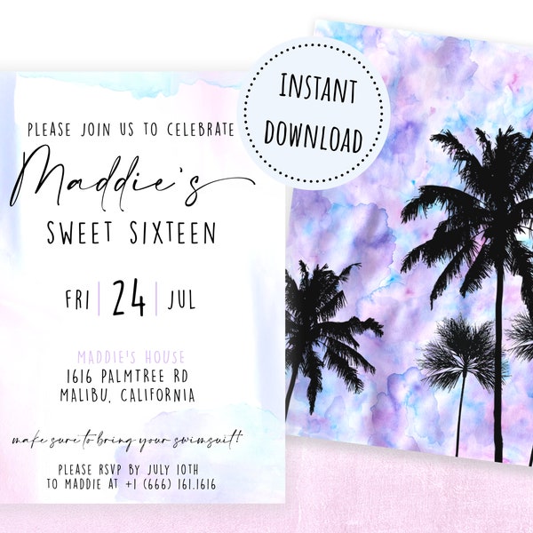 Watercolor Cotton Candy Sky Birthday Invitation | Palm Trees Sweet Sixteen | 5x7 Handpainted Template | Pastel Modern Template | FWCC