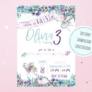 Doppelseitige magische Fee Geburtstagseinladung | Pastell Blumen Feen 5 X 7 Instant Download | Bearbeitbar mit Templett | FWFR