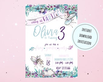 Doublesided Magical Fairy Birthday Invitation | Pastel Floral Fairies 5X7 Instant Download | Editable w Templett | FWFR
