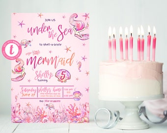 Doublesided Mermaid Under The Sea Birthday Invitation | Instant Download 5x7 Little Mermaid Template | Editable and Printable | FWMD