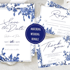 Classic Dusty Blue Floral Wedding Bundle | Delfts Blue Inspired Save the Date, Thank You, RSVP Card  | Elegant Instant Download | FWDB