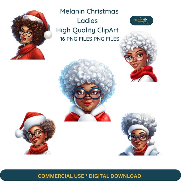 Melanin Christmas Ladies Clipart Bundle, African American Woman Clipart, Christmas Clipart, Black Girl Magic Clipart, Mrs Claus, Xmas PNGs