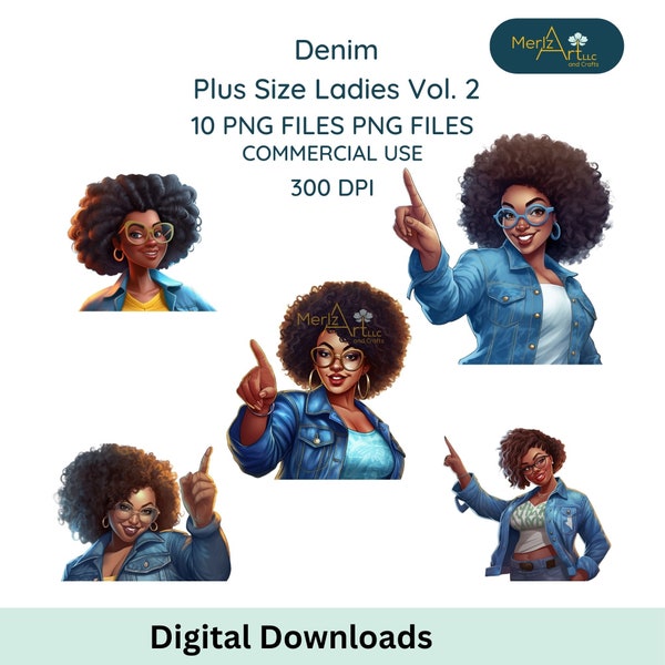 Plus Size Denim Ladies Vol. 2 Clipart, Denim Girl, Jean Girls, Fashion Clipart, African American Clip Art, Lady Boss Afro Clipart