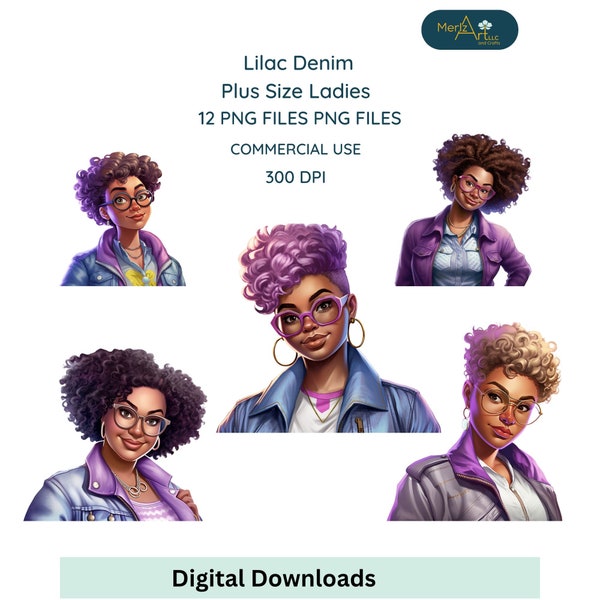 Plus Size Denim Girls Wearing Lilac Clipart Bundle, 12 PNG for Commercial Use, Boss Lady Digital Designs, Thick Girl Magic, Jean Girls