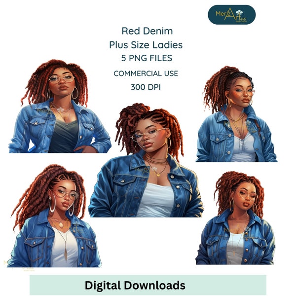 Plus Size Denim Girls with Red Hair Style Clipart bundle, 5 PNG for Commercial Use, Boss Lady Digital Designs, Thick Girl Magic, Jean Girls