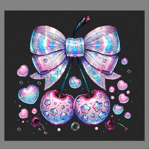 Cute Iridescent Coquette Cherries and Bow PNG, Popular Trendy Cherries Clipart, Holographic Cherries, DTF Sublimation, Digital Download