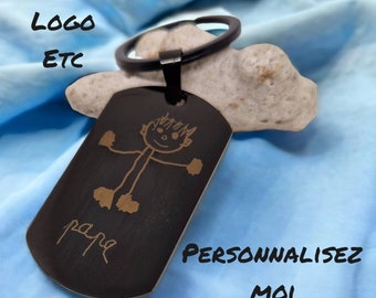 Porte clé personnalisé en acier inoxydable noir, votre dessin, logo ...