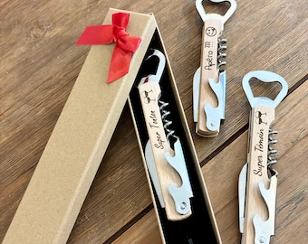 Limonadier bois gravé personnalisé, ouvre bouteille prénom & logo - cadeau homme, témoin, fête des pères, anniversaire, option boite cadeau
