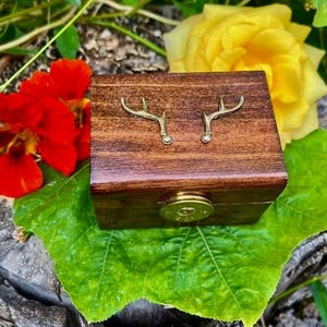 May include: A wooden box with a brass bullet casing on the front and two gold antlers on the top. The box is sitting on a green leaf.