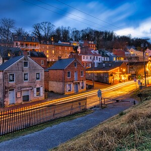 A print or canvas of Harpers Ferry, WV as the sun is setting.