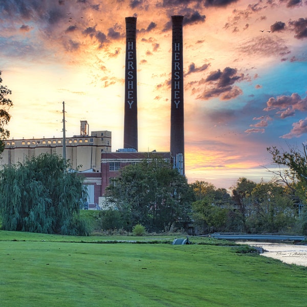 A print or canvas of the old Hershey Smoke stacks from the Hershey Country Club Golf Course.